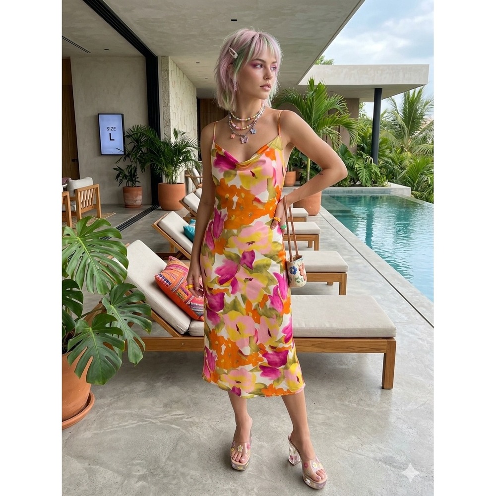 NWT Watercolor Floral Cowl Neck Satin Midi Slip Dress L Y2K Summer Chic Beach